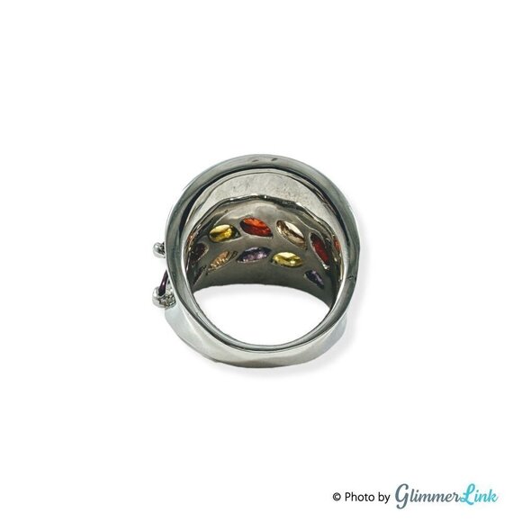 Wide Multi Color Crystals Silver Tone Concave Statement Ring - Picture 8 of 13